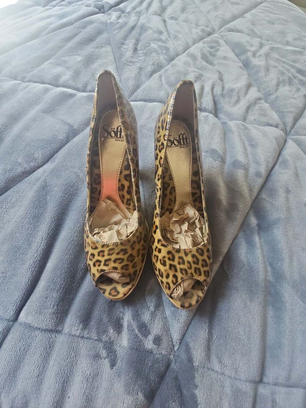 Sofft Leopard Print Patent Peep Toe Platform Pumps